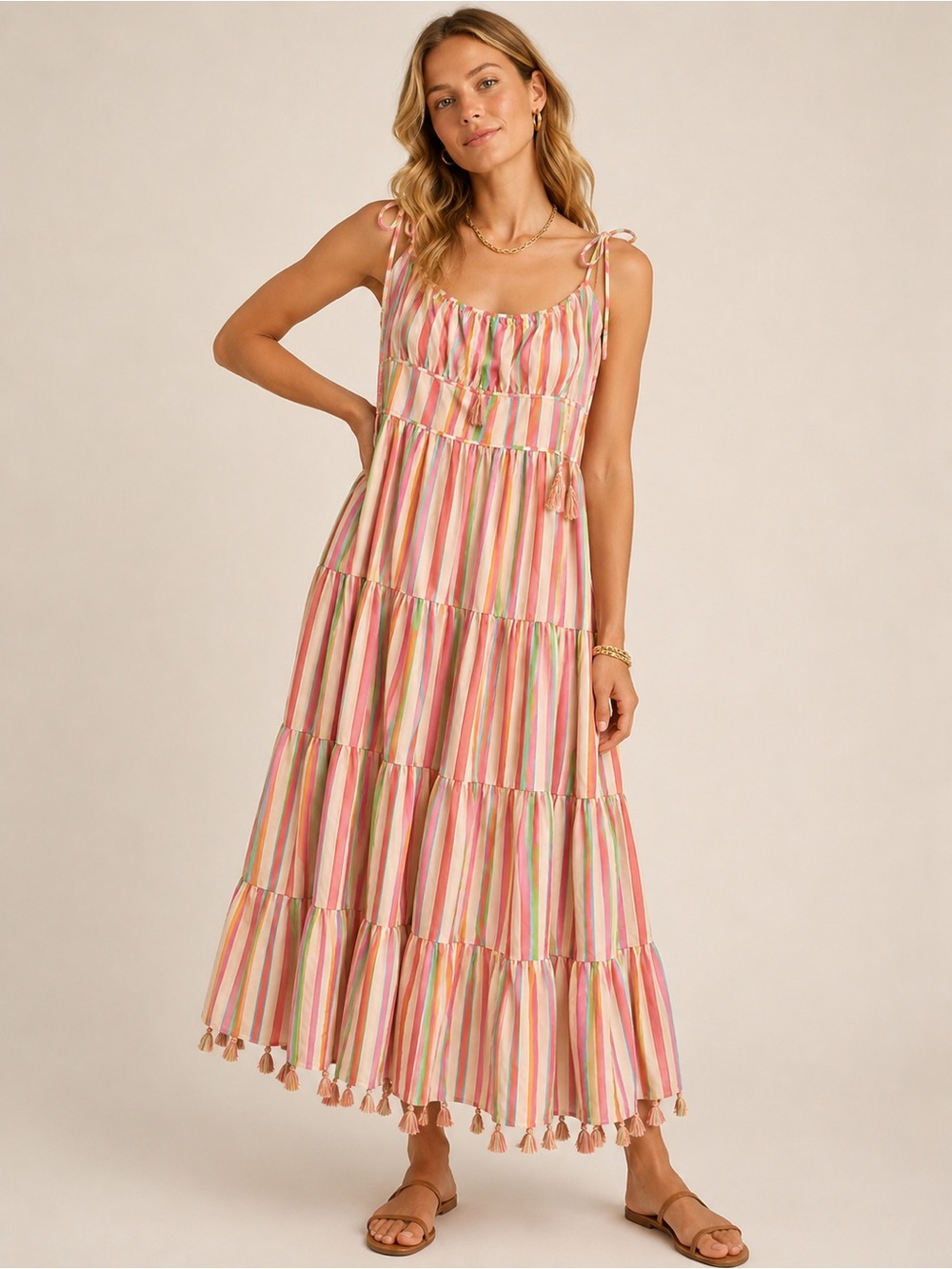 Chicwish Pink Multi-Stripe Tie-Shoulder Tiered Maxi Dress